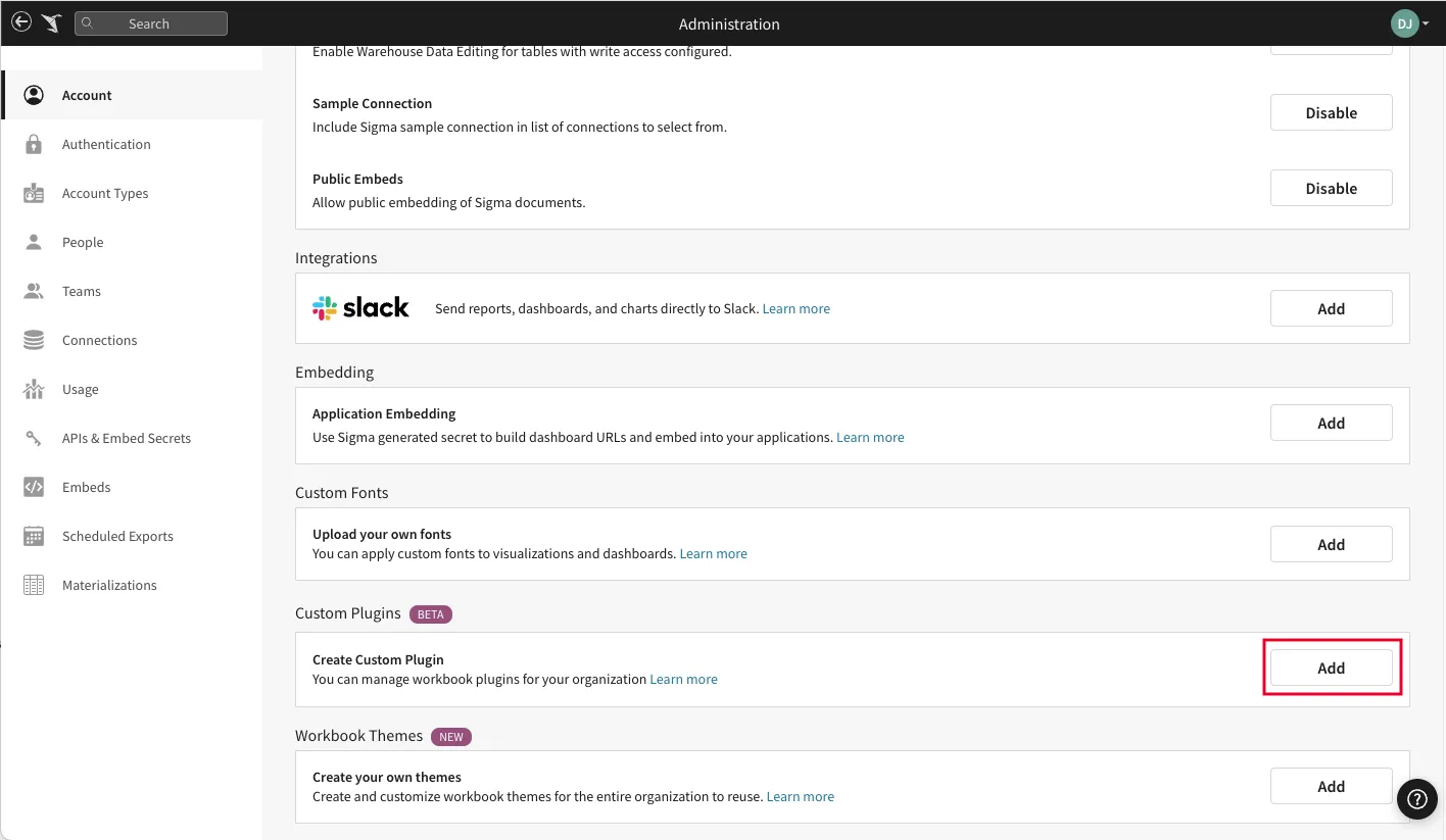 The Custom Plugins section on the Account page with the Add button highlighted.