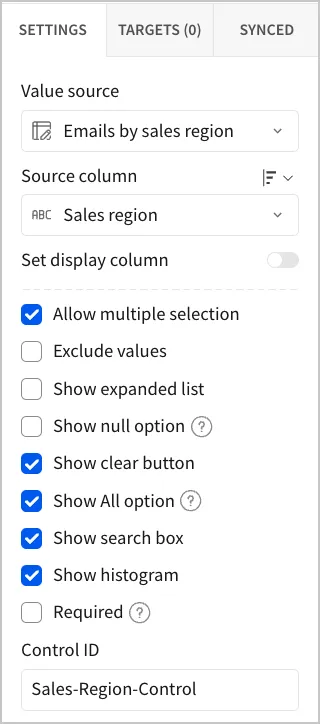 The control Settings tab with Value source set to Emails by sales region, Source column set to Sales region, and the Control ID set to Sales-Region-Control.