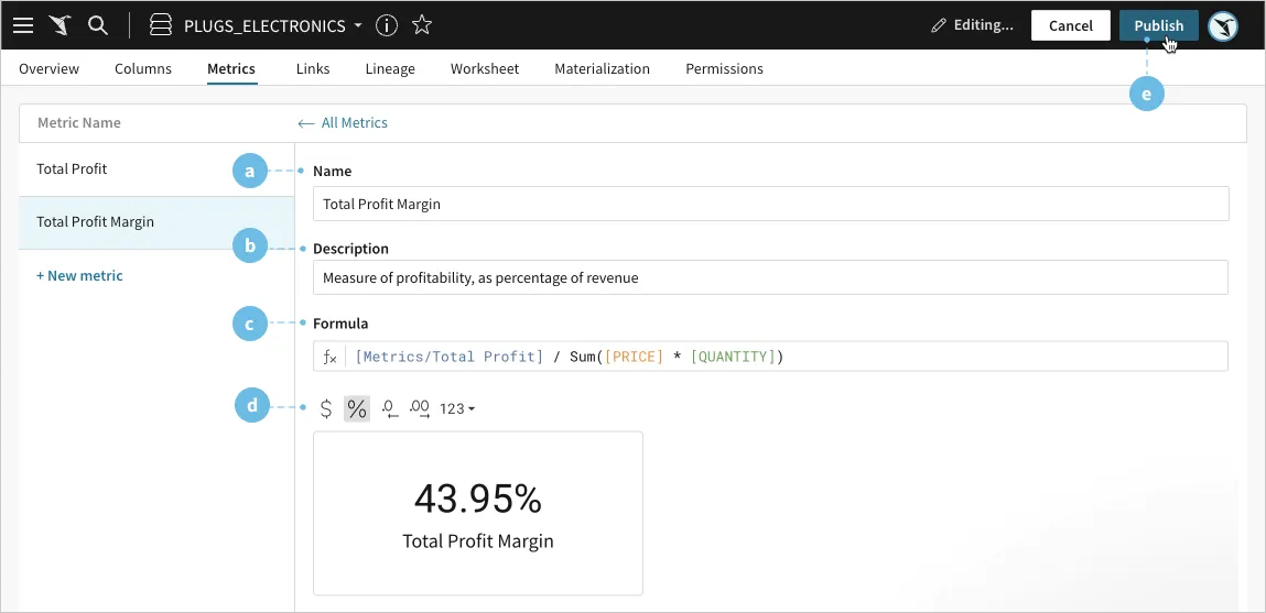 Annotated view of the datasets metric builder, with the Publish button highlighted.