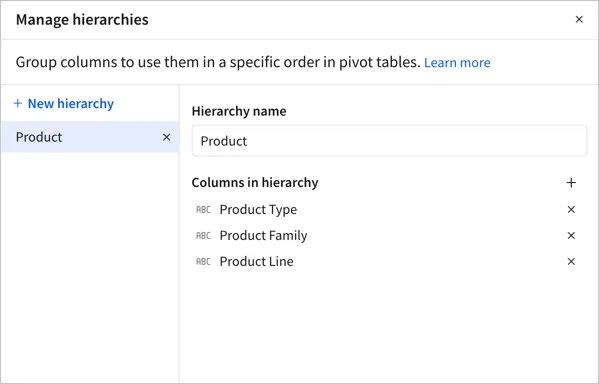 Manage hierarchies popover as described, with a hierarchy name of Product and columns of Product Type, Product Family, and Product Line.