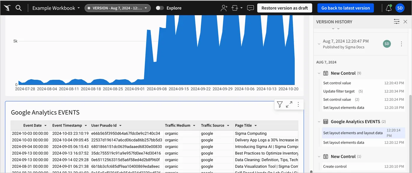 Workbook version history with a specific change in the edit history selected and highlighted in the version history. The change on which the element occurred is highlighted on the workbook canvas.
