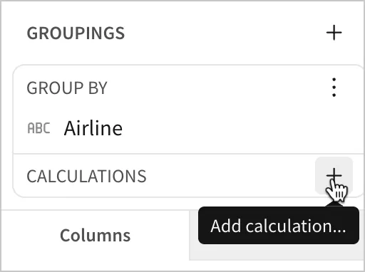 In the Airline Grouping, a user selects Add calculation