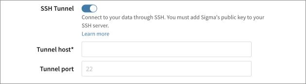 The SSH Tunnel toggle switched on in the Connection Credentials section, revealing the Tunnel host and Tunnel port fields with 22 as the default port.