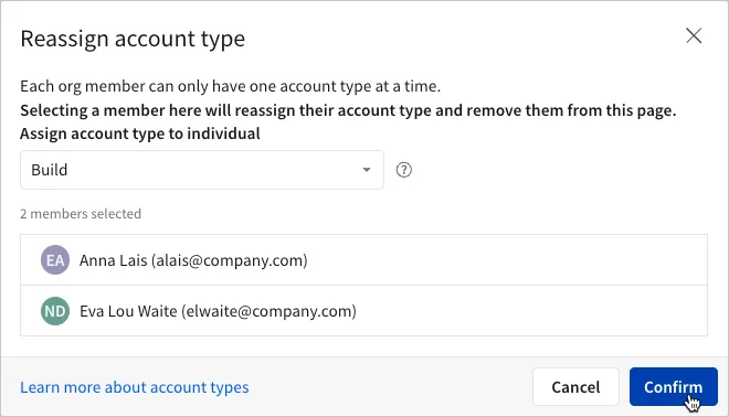 The modal that appears when reassigning users' account types.