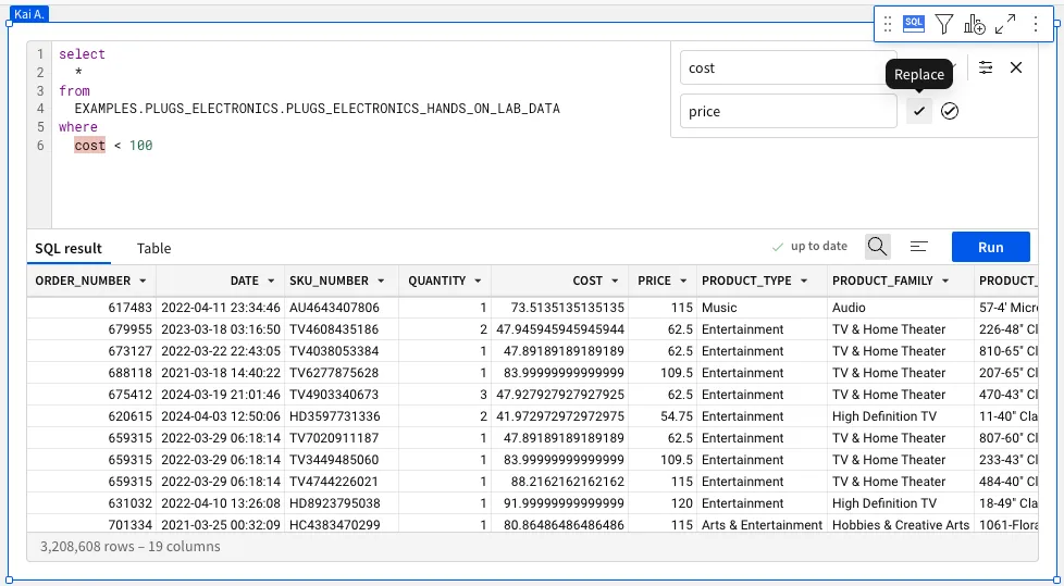 SQL editor with find and replace option open, searching for the word Cost in a SQL query and replacing it with the word Price.