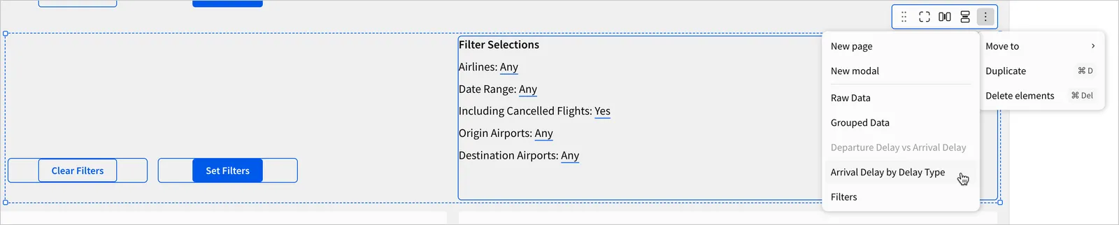 The dynamic text and button elements on the Dashboard page are selected. A user selects the Move to option, and selects the Arrival Delay by Delay Type page