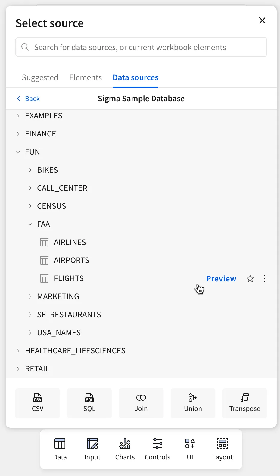 In the select source modal, a user hovers over the option to add the FLIGHTS table from the FAA schema