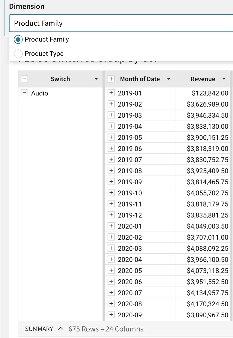 Workbook with the dimension control set to Product Family and a table grouped by the selected dimension and month.