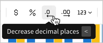 A user selects the option to Decrease decimal places