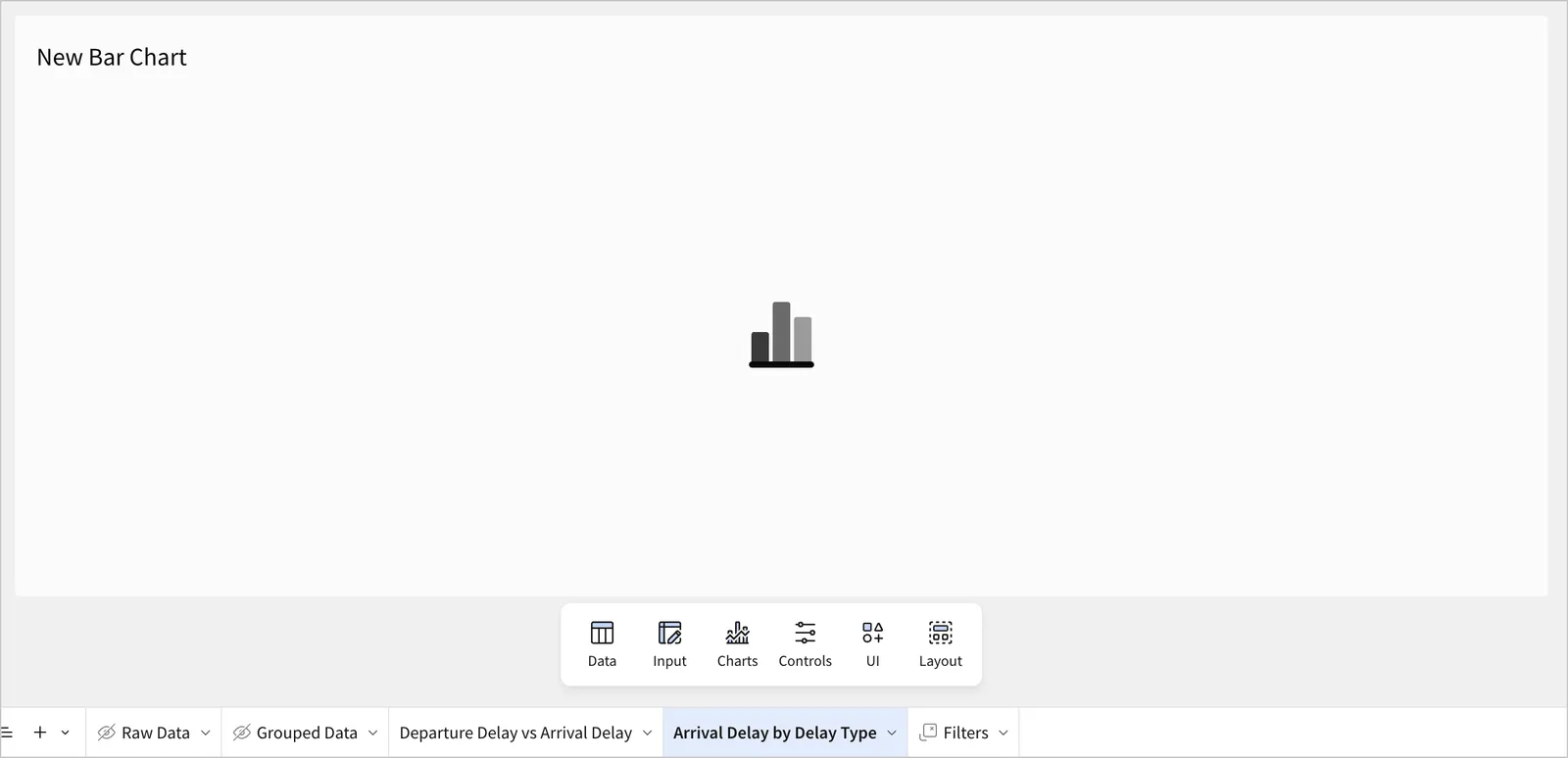 On the Arrival Delay by Delay Type page, an empty new bar chart appears