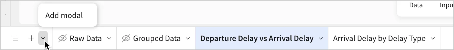 In the workbook footer, a user opens a menu from a caret, revealing the Add modal option