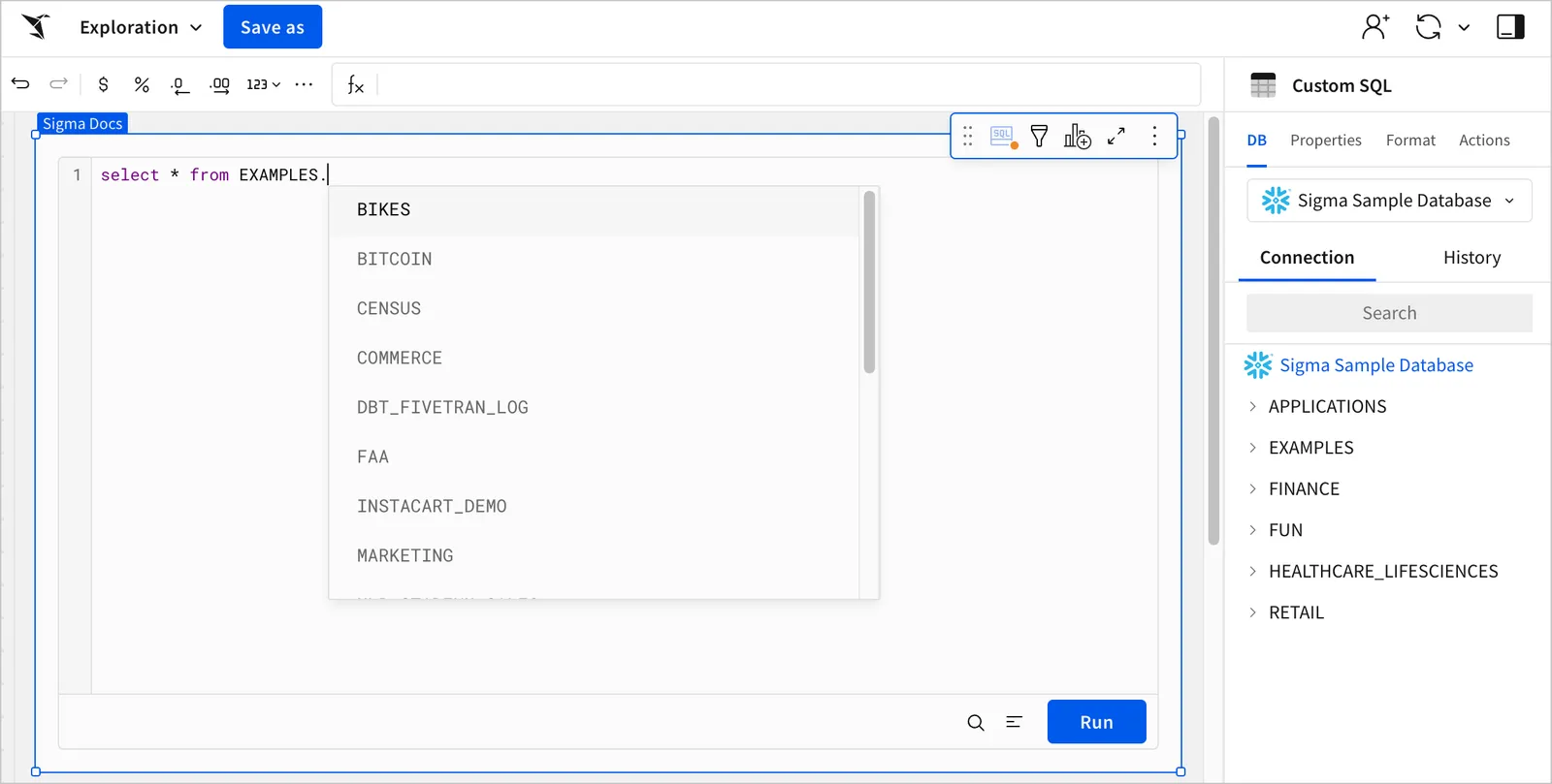 SQL panel in a workbook with SQL syntax of select * from EXAMPLES., with an autocomplete dropdown suggesting multiple available schemas such as BITCOIN, BIKES, CENSUS, and more.