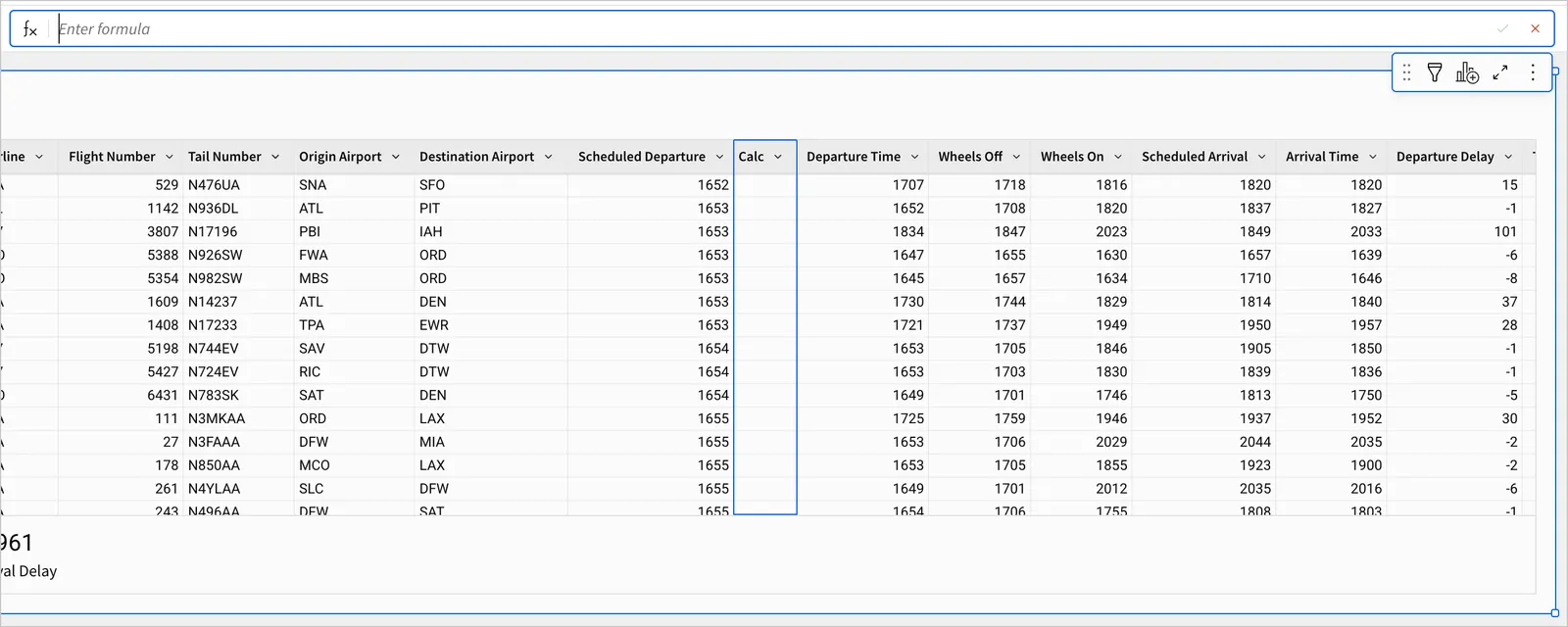 An empty column, Calc, is highlighted in the FLIGHTS table