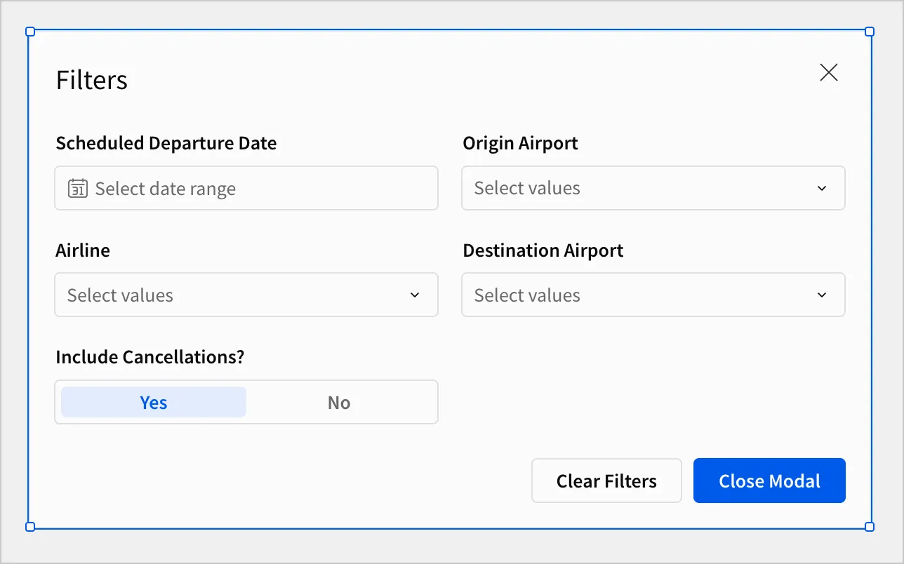 The five filters that have been moved to the modal are organized in a grid