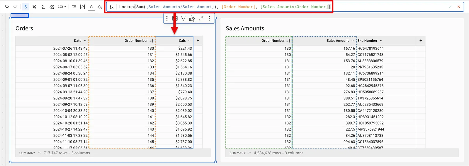 A user enters the provided example formula in the Sigma UI, demonstrating the output over several records in a table.