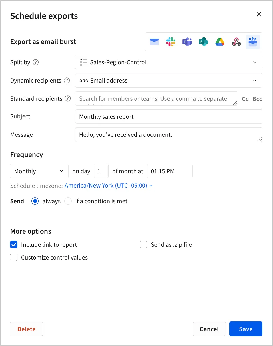 The Schedule exports modal configured for an email burst, with Split by set to Sales-Region-Control, Dynamic recipients set to Email address, and a monthly frequency.