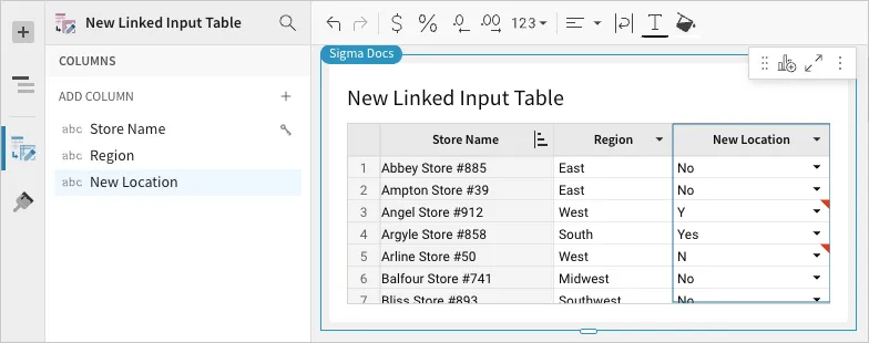 An input table with data validation applied to the New Location column, showing red indicators in cells containing values like Y and N that don't match the predefined Yes/No list.