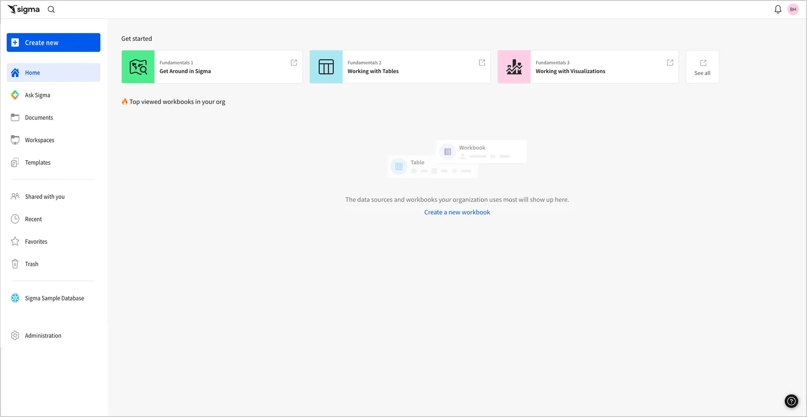 The Sigma home page. The left-hand navigation menu shows options for creating documents.