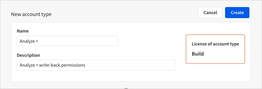 The new account type creation screen showing the license assigned to the account type based on the enabled permissions.