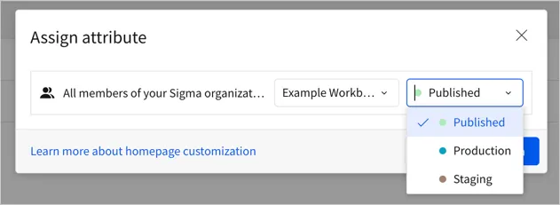 Assign attribute modal with the Published dropdown open, showing options for Published version, Production, and Staging tags