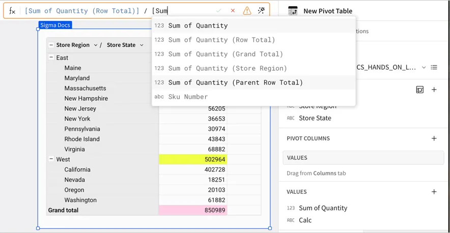 Formula bar for the new column, with the drop-down menu open showing auto-complete options for the Parent Row Total column.