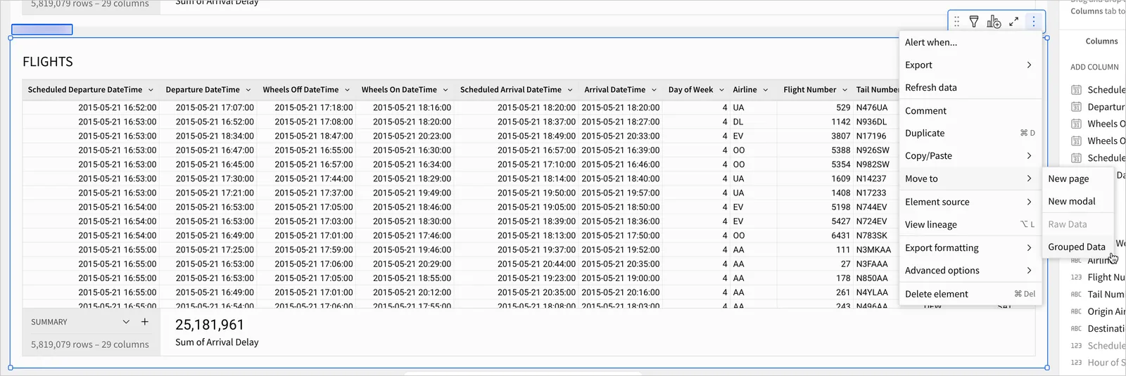 In the element menu for the duplicate FLIGHTS table, a user hovers over the Move to option