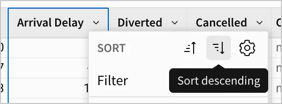 The sort descending option selected from the column menu.