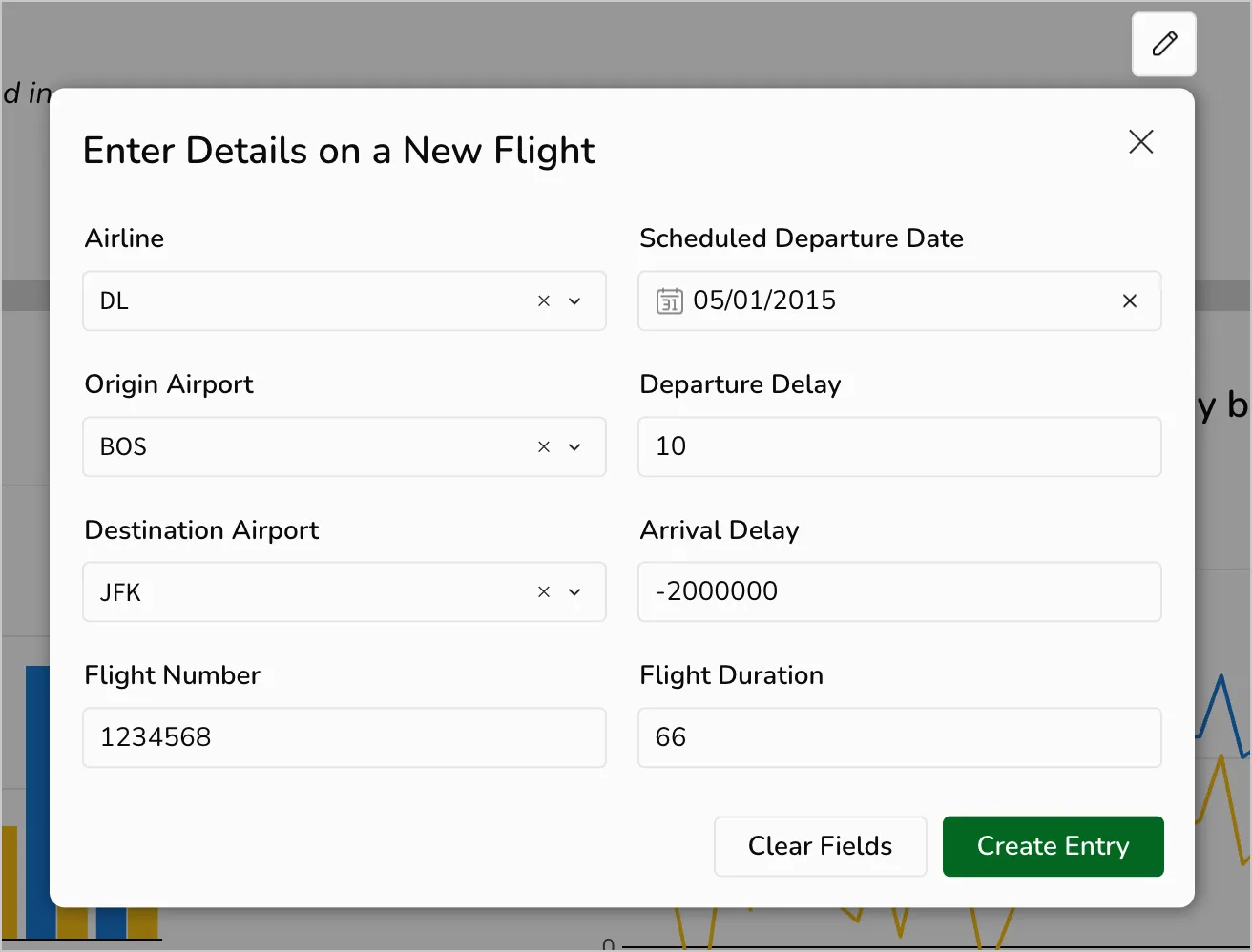 In the Enter Details on a new New Flight modal, a user enters the sample data provided above