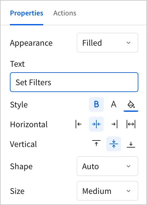 In the properties panel, a user changes the text of the button to read Set Filters