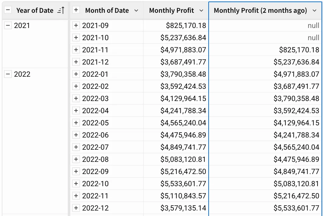 A table with groupings by year and month shows monthly profit. The Monthly profit (2 months ago) column shows the profit two months ago for each month, corresponding to the Monthly profit column