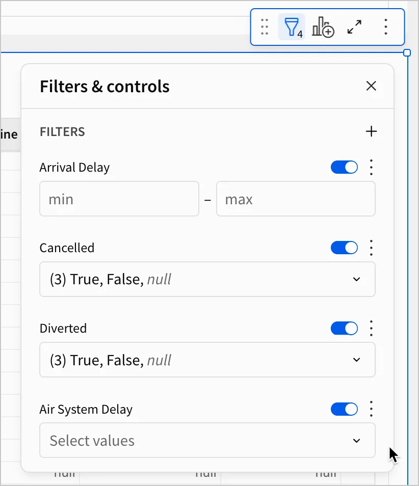 Four filters are shown in the Filters and controls menu. A number range for Arrival Delay, and List values filters for Cancelled, Diverted, and Air System Delay
