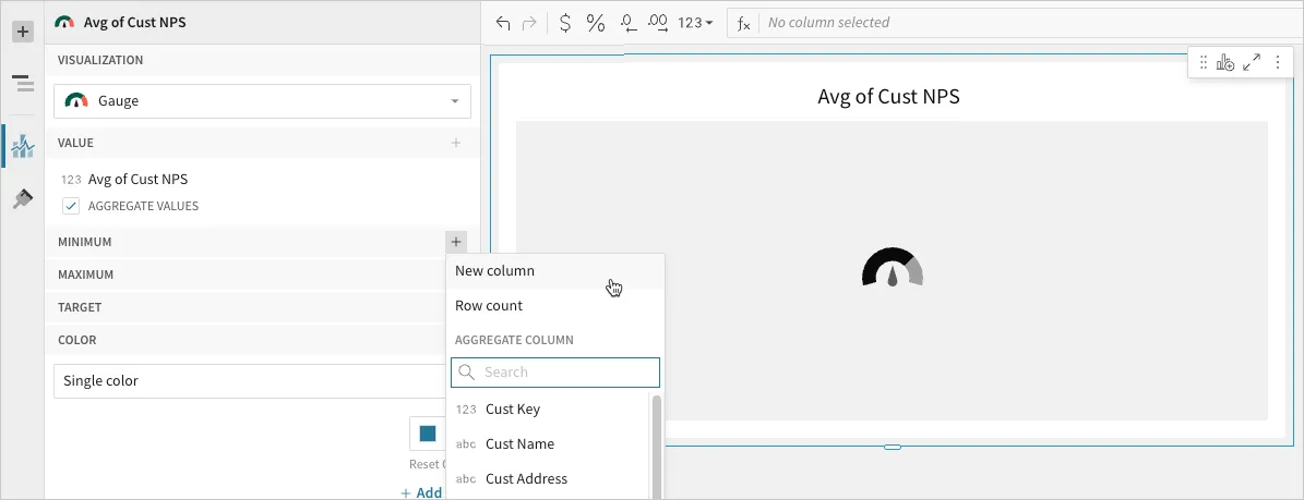 Minimum property + menu open in the New Gauge editor, showing New column, Row count, and an Aggregate column list with a search field.