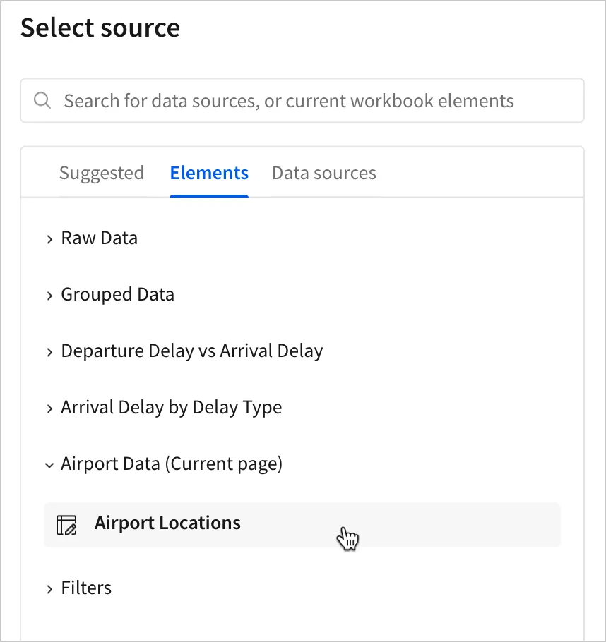 In the Select source modal, a user selects the Airport Locations table from the elements menu