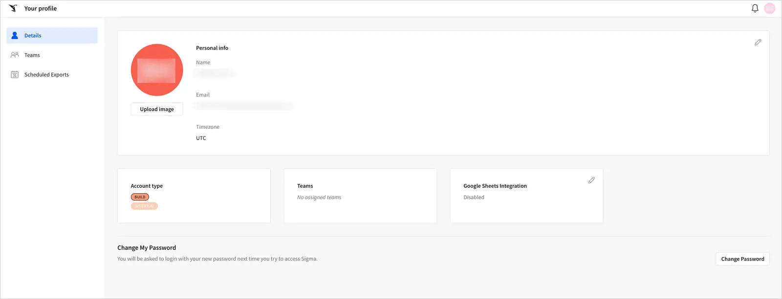 The profile menu shows personal info like name, email, and timezone, along with options for account type and teams