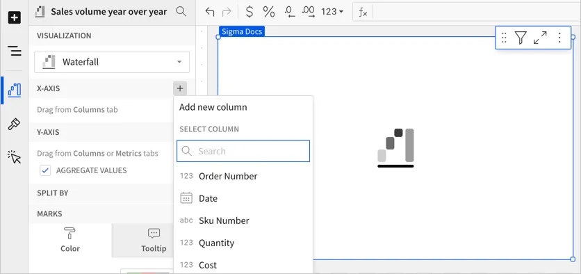 Select the plus to add a Y-axis column, then search for the column that you want to add.
