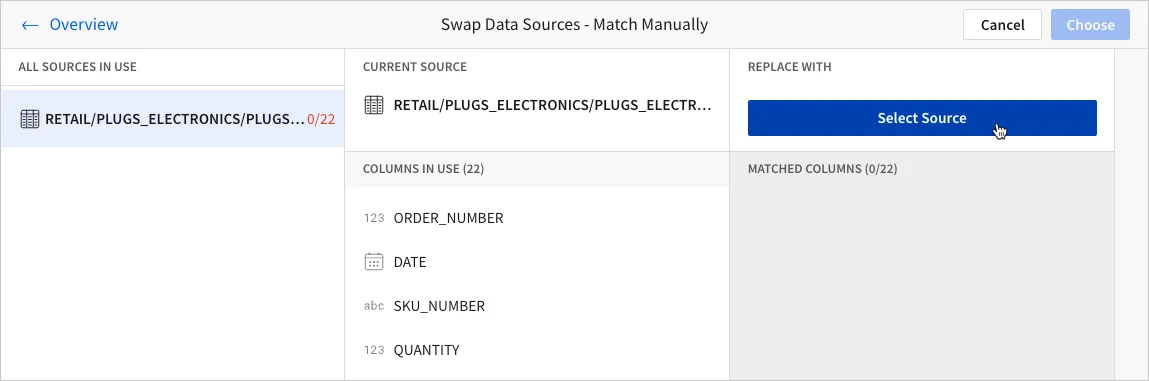 The Swap Data Sources Match Manually page showing the current source and its columns in use, with a Select Source button to choose a replacement.