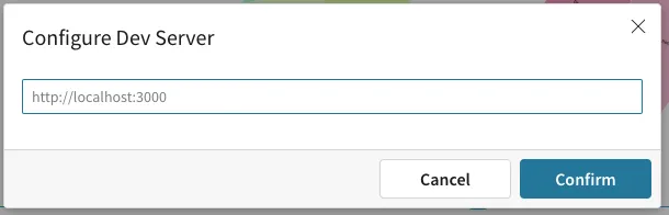 The development server configuration dialog with http://localhost:3000 shown in the URL field.