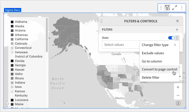 The State filter menu is open in the Filters & Controls modal, with the cursor hovering over Convert to page control.