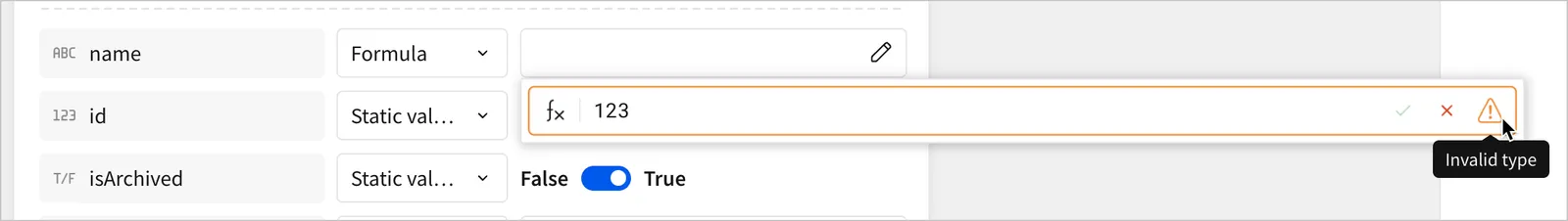 An example Call API action configured with a formula value of 123 on a dynamic value with the type Text, showing an Invalid type error