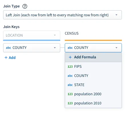 Join type options showing the option to add a formula as the target join key when joining datasets.