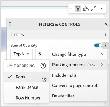The Sum of Quantity Top N filter's More menu with Ranking function submenu open, showing Rank, Rank Dense, and Row Number options with Rank checked.