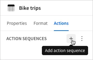 The Actions panel for the Bike trips workbook with the cursor hovering over the Add action sequence button.