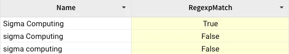In a table with columns Name and RegexpMatch, the string Sigma Computing - capital S and C - returns True and the string sigma computing - lowercase s and c - returns false.