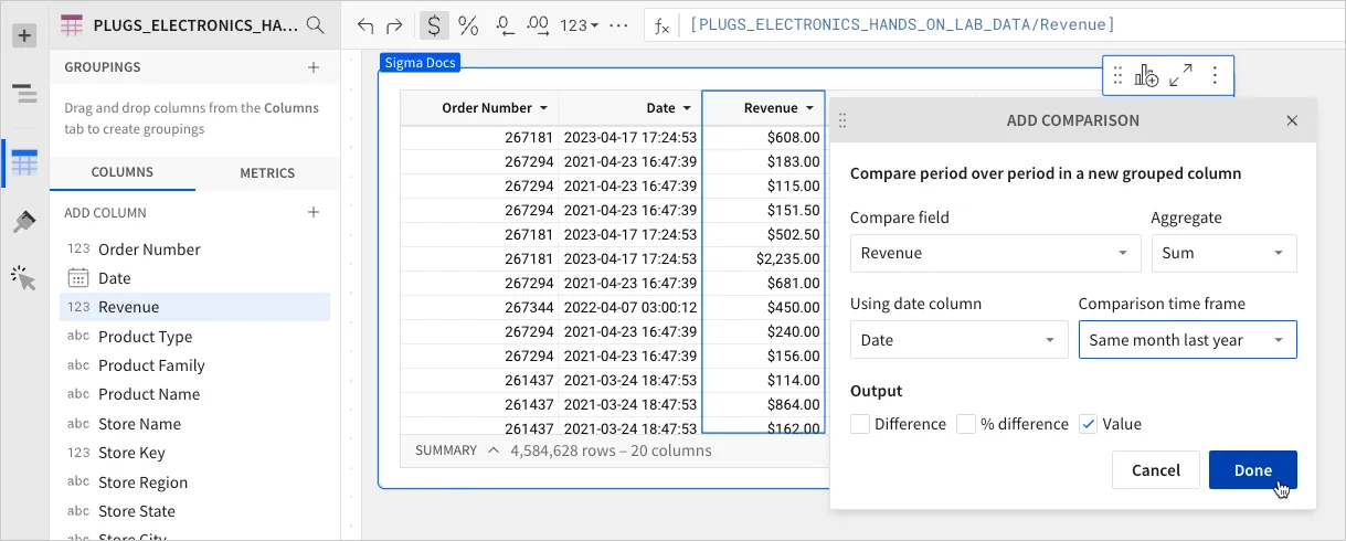 The Add comparison modal with Revenue as the compare field, Sum as the aggregate, Date as the date column, Same month last year as the comparison time frame, and Value selected as the output.