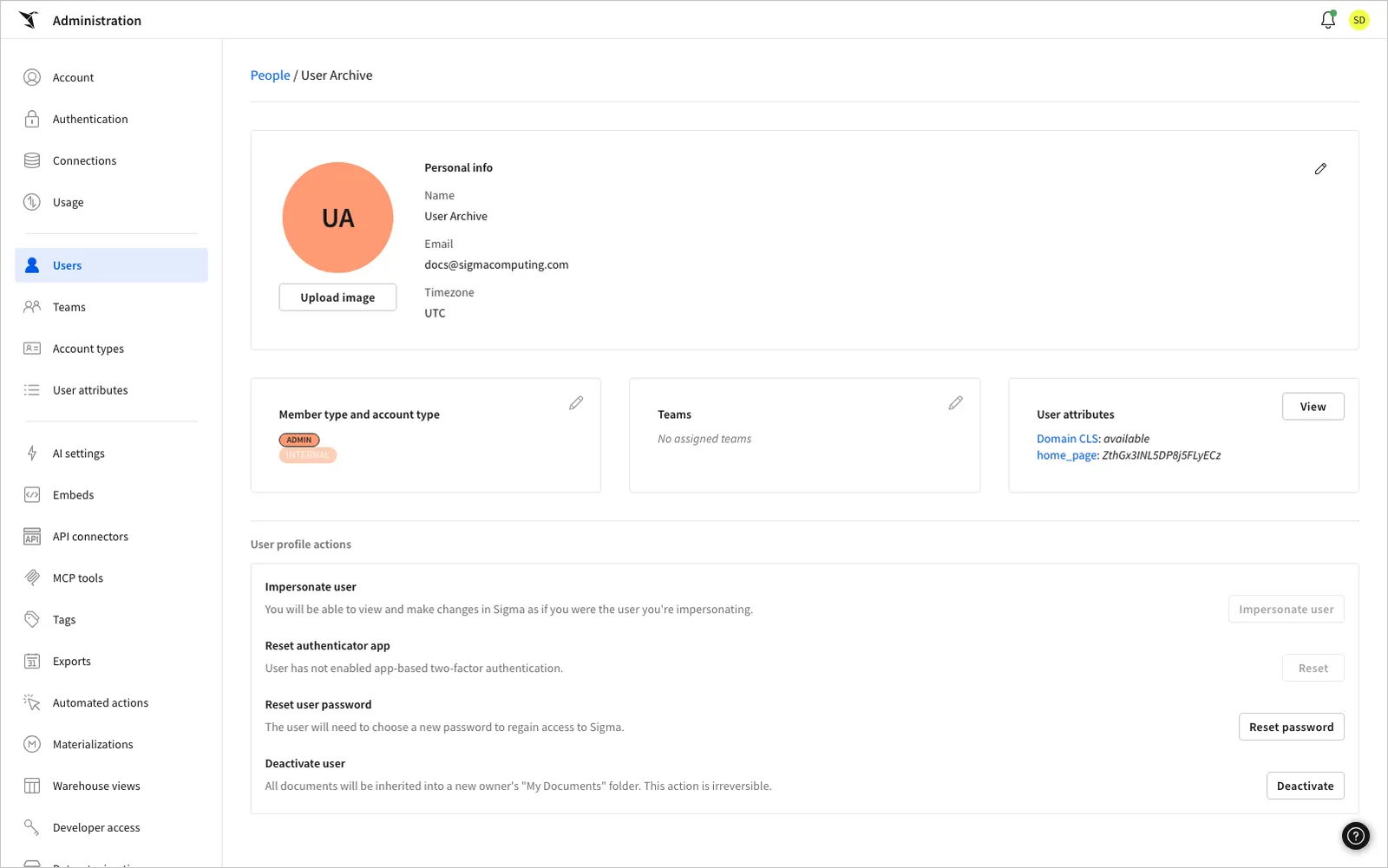 A user profile page with Personal info, Member type and account type, Teams, and User attributes sections, and User profile actions including Impersonate user, Reset authenticator app, Reset user password, and Deactivate user.