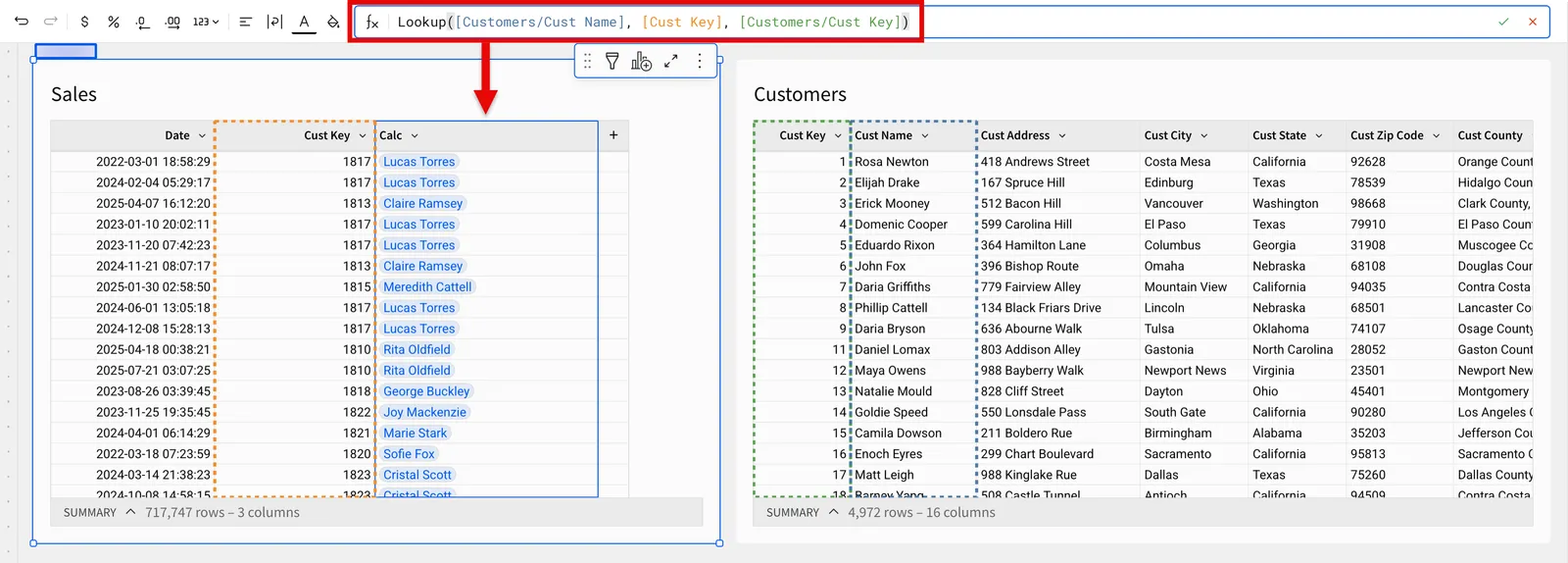 A user enters the provided example formula in the Sigma UI, demonstrating the output over several records in a table.