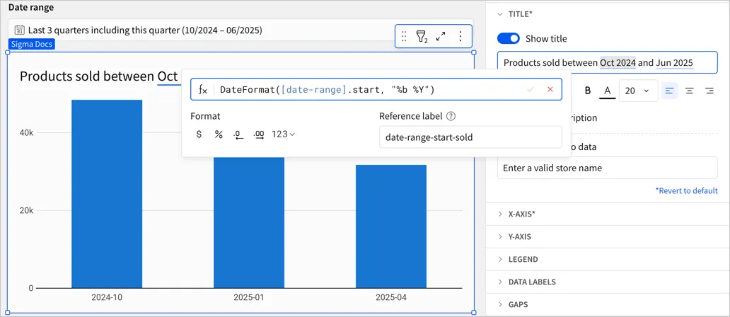 Title editing in the sidebar with the dynamic text popover shown featuring the described formula of DateFormat(/[date-range/].start, “%b %Y”) and a reference label of date-range-start-sold