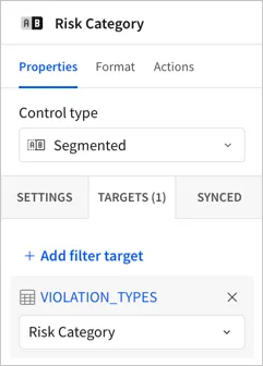 The Properties panel Targets tab showing one target: the VIOLATION_TYPES table with the Risk Category column selected.