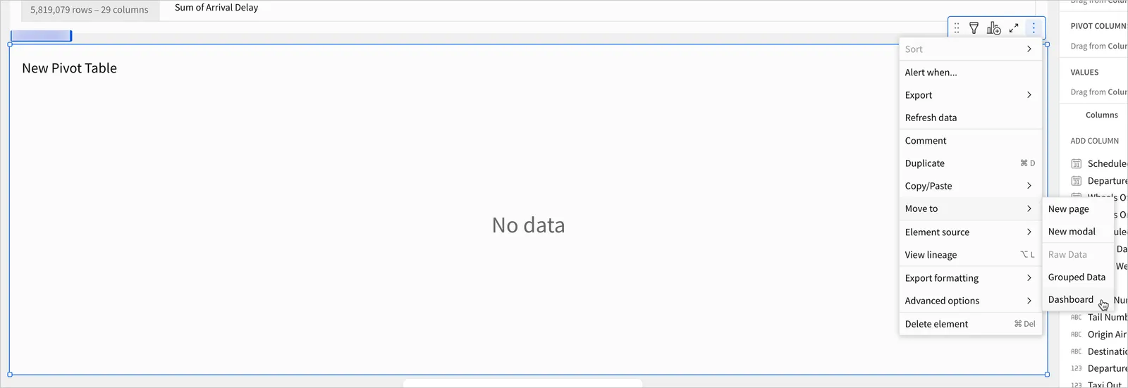 A user selects the Move to option for the New Pivot Table and moves it to the Dashboard page