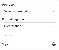 Formatting rule options, for example, to apply conditional formatting to select columns (with a drop-down menu to adjust this), a formatting rule to specify Greater than a constant value that you can enter, and a style option to specify the color of the chart option. The greater than option is configurable.